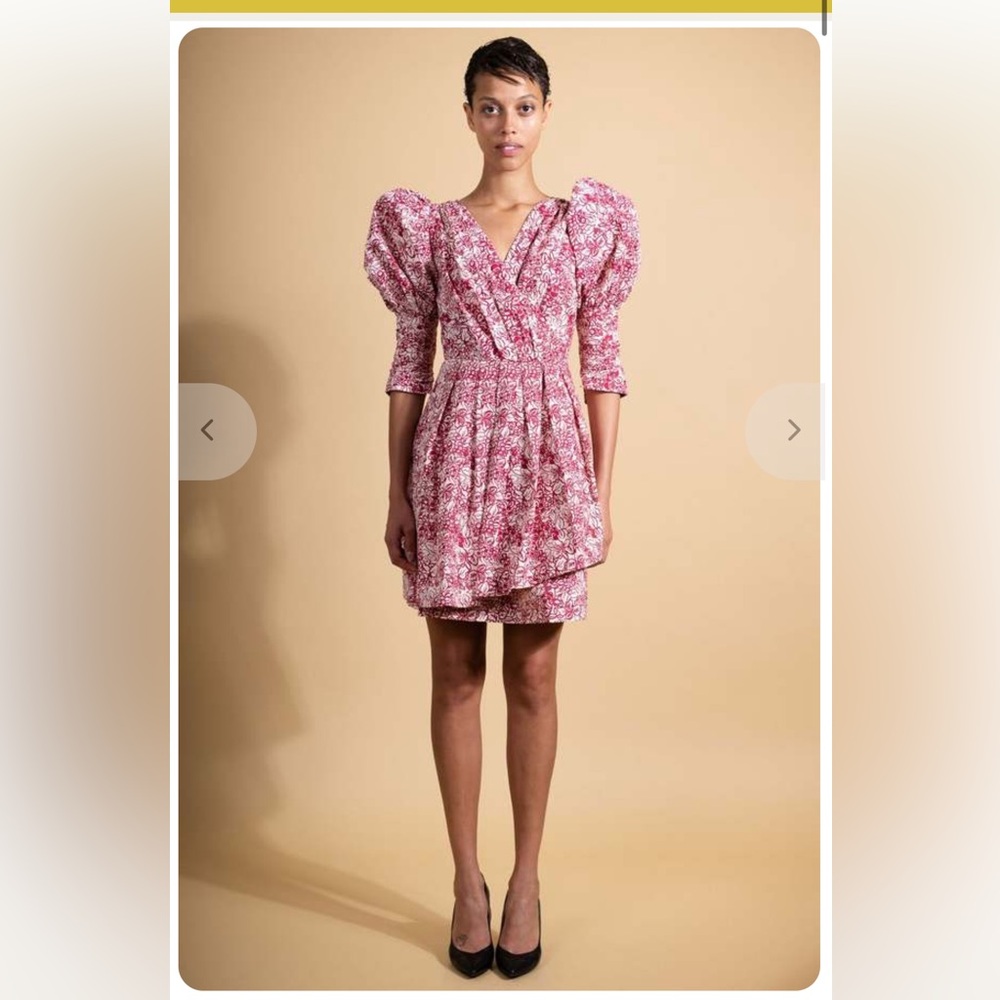 Batsheva Pink and White Mini Dress with Puff Sleeves